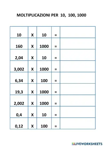 Moltiplicazioni per 10, 100, 1000