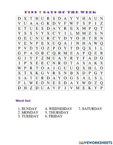 Wordsearch for months and days of the week