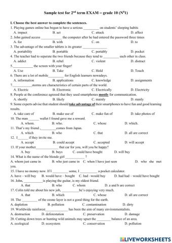 Sample test for 2nd term EXAM – grade 10 (N01)