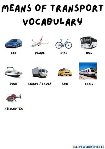 Means of transport vocabulary picture dictionary