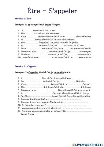 Verbe être et s'appeler