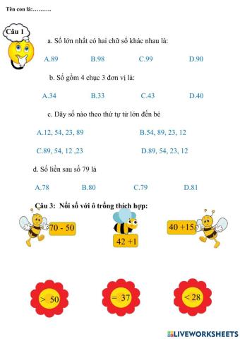 Toán lớp 1 tuần 30