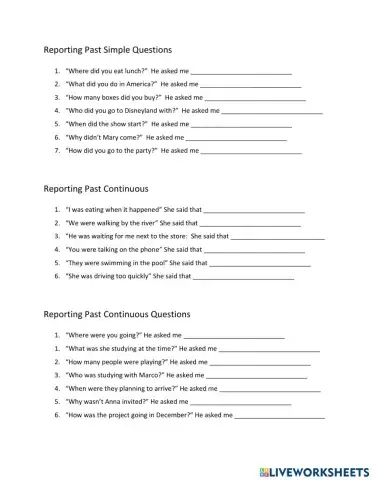Reported Speech Past Simple Questions Past Continuous and Past Continuous Questions