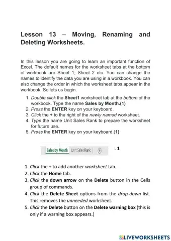 Lesson 13 – Moving, Renaming and Deleting Worksheets.