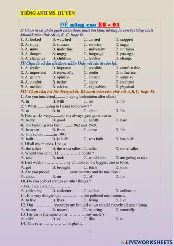 Đề ôn tập nâng cao e8