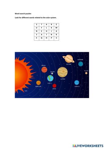 Wordsearch about the solar system