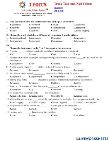 Lớp 9 Unit 3 Test 1a