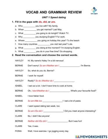 VOCAB AND GRAMMAR REVIEW UNIT 1 Speed dating
