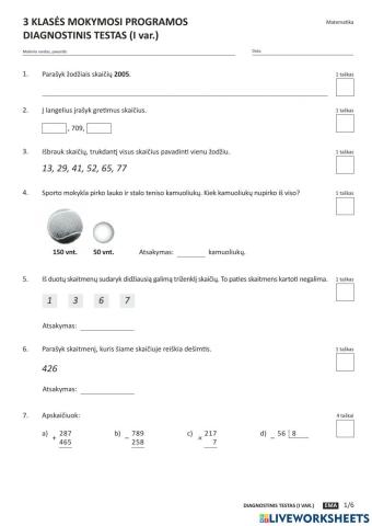 Matematikos 3 klasės testas