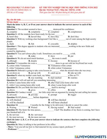 Bộ 1- đề luyện số 14 -tn 2022