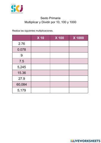 Multiplicación y División por 10,100,1000