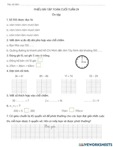 Phiếu bài tập cuối tuần 29