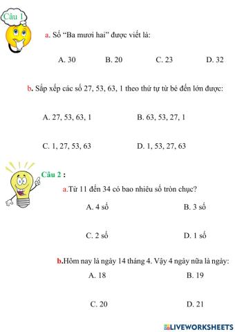 Toán lớp 1 tuần 30