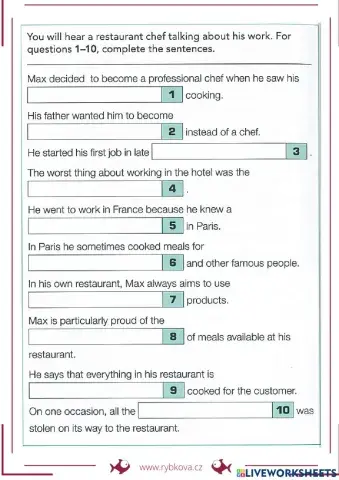 Restaurant chef (worksheet only)