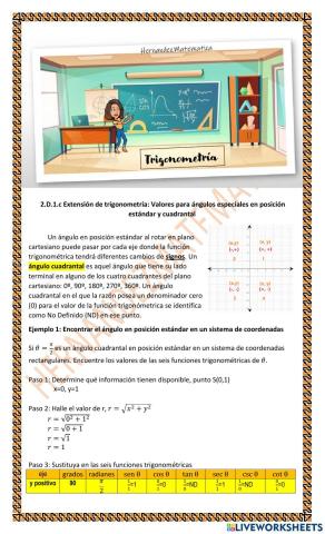Trig 2.D.1.c Extensión de trigonometría: Valores para ángulos especiales en posición estándar y cuadrantal