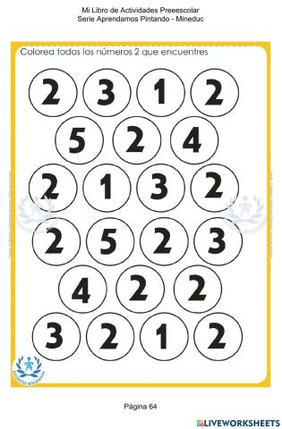 Mi Libro de Actividades Preeescolar Serie Aprendamos Pintando - Mineduc pág. 64 - Remarca todos los números dos que encuentres