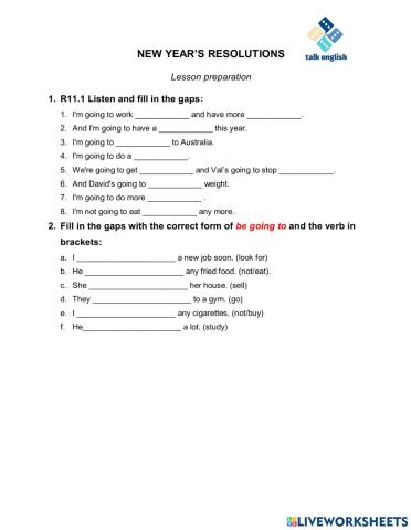 NEW YEAR’S RESOLUTIONS Lesson preparation