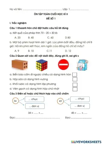 Toán lớp 1 Ôn tập cuối năm (đề 1)
