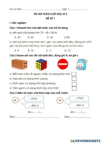 Toán lớp 1 Ôn tập cuối năm (đề 1)