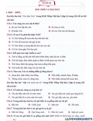 Môn Tiếng Việt 3 - Tuần 33