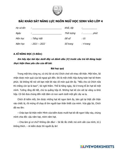 Bài khảo sát năng lực đầu vào lớp 4 môn Tiếng Việt - giai đoạn 2
