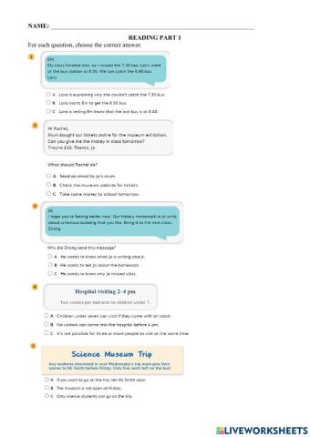 Reading part 1 - KEY A2