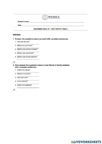 English File beginners- test units 1 and 2