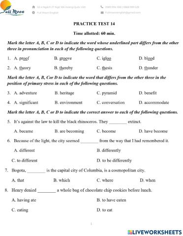 Đề thi vào 10. Practice Test 14