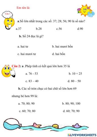 Toán lớp 1 tuần 30