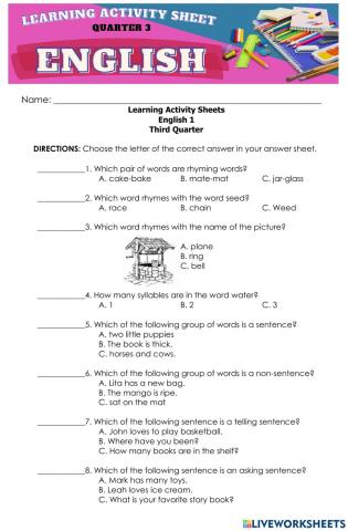 ENGLISH Q3 Learning Activity Sheet