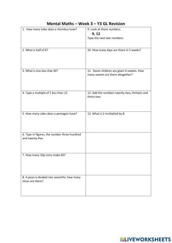 Year 3 Mental Maths GL revision - Week 3
