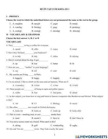 Đề ôn tập cuối khóa số 1