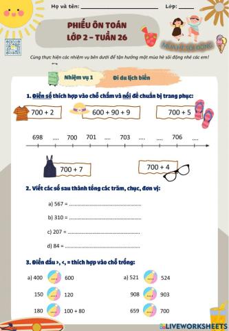 Lớp 2 - Toán - Tuần 26 - Đề 2