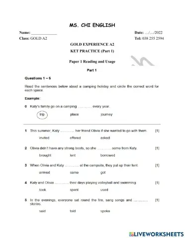 18.04.22- Gold A2, A2+-  KET Practice (Part 1)