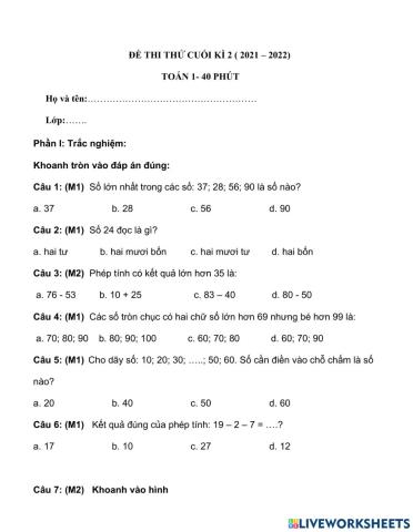 Đề 1- Toán 1 -HK2