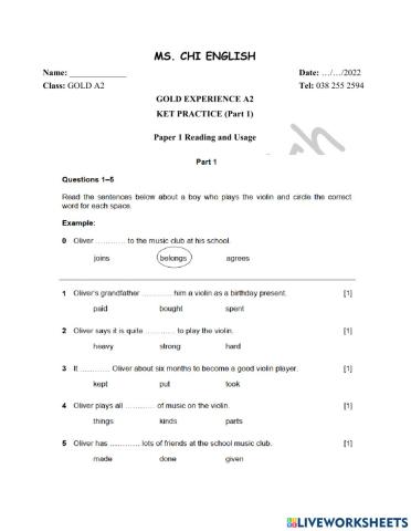 20.04.22- Gold A2, A2+- KET Practice (Part 1)