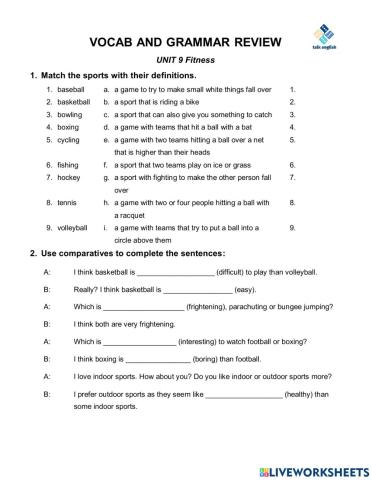 VOCAB AND GRAMMAR REVIEW UNIT 9 Fitness