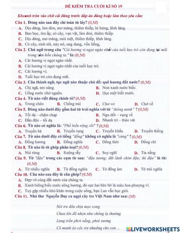 Tiếng Việt 5 - Đề kiểm tra cuối kì số 19