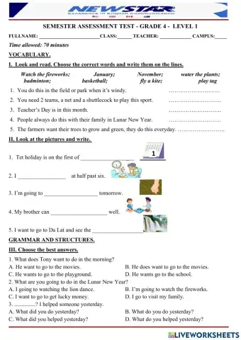 Semester assessment test - grade 4 -  level 1