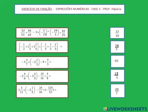 Expressões numéricas com frações, soma, subtração, multiplicação e divisão