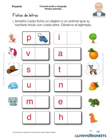 Comunicación y Lenguaje 1 L1 Primero Primaria - pag. 105 - Fichas de letras