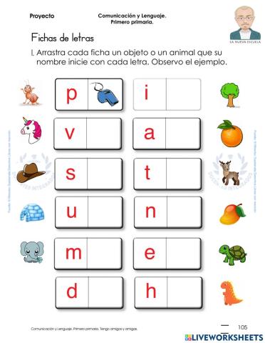 Comunicación y Lenguaje 1 L1 Primero Primaria - pag. 105 - Fichas de letras