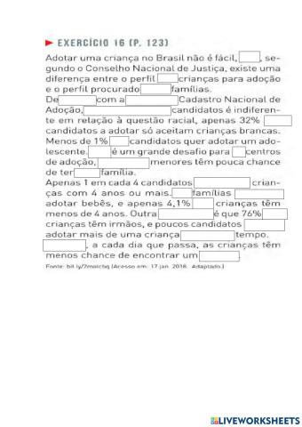 P. 123 atividade 16 - UNID 5 -  ADOÇÃO NO BRASIL