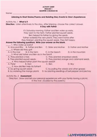Listening to Short Stories-Poems and Relating Story Events to One’s Experiences   -   Identifying the Problem and Solution in a Story-Poem Listened to