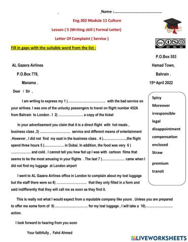 Letter Of Complaint ( Airlines Service )