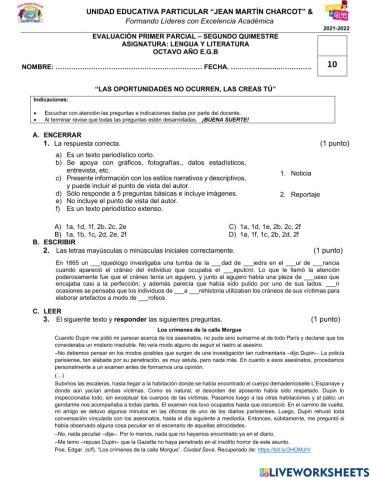 Evaluación Lengua y Literatura 8vo-2Q