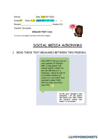 ENGLISH TEST 9th -A-B-C