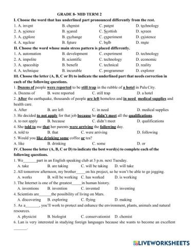 Grade 8- Final term 2- Test 2