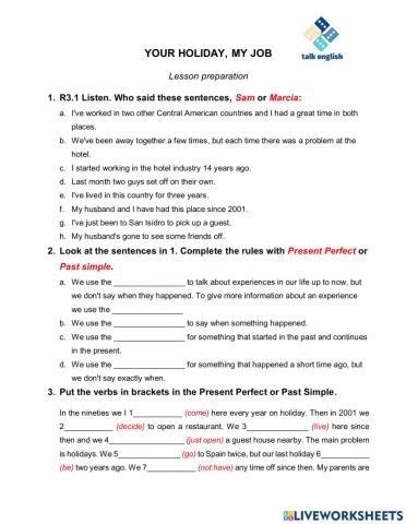 YOUR HOLIDAY, MY JOB Lesson preparation