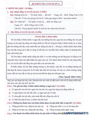 Tiếng Việt 4 - Đề kiểm tra cuối kì số 13
